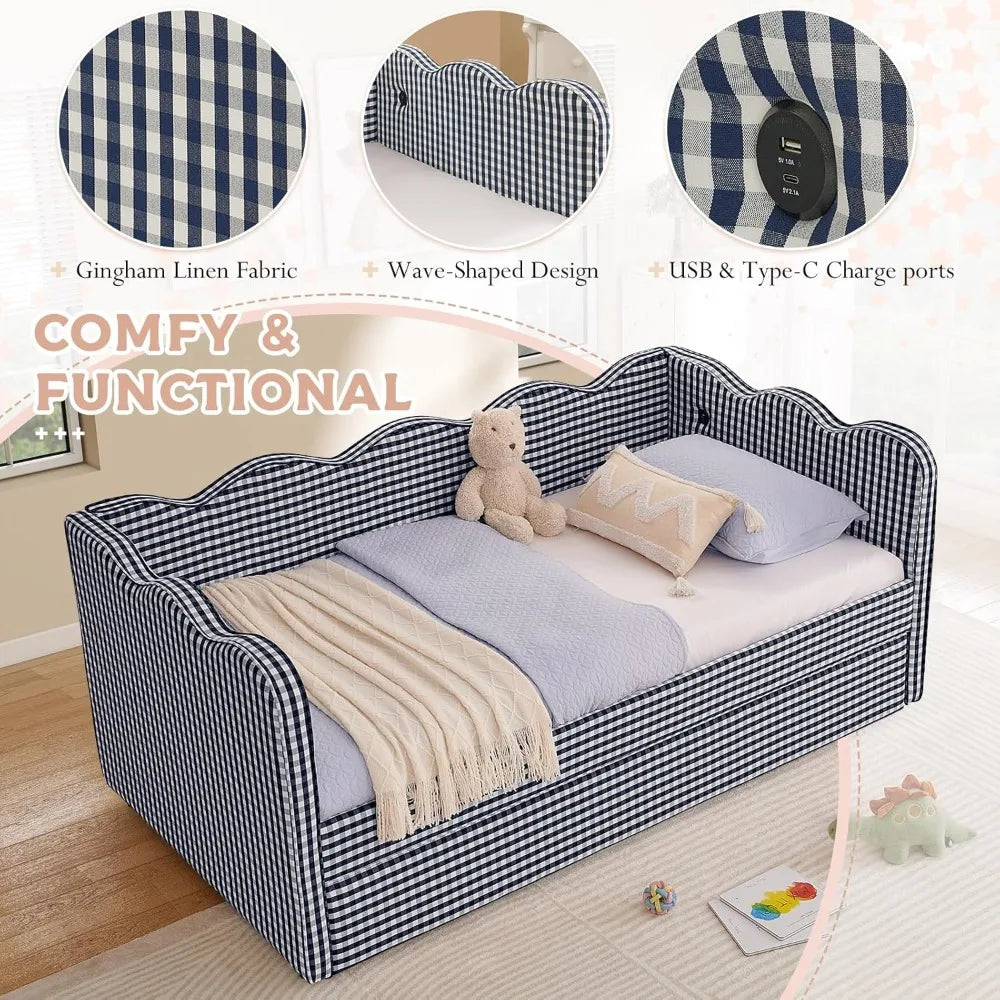 Twin to King Size Linen Gingham Daybed with Pop Up Trundle USB Ports Upholstered Sofa Bed Frame for Living Room Bedroom Guest