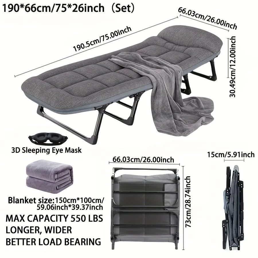Heavy-Duty Adjustable Portable Folding Bed, Pillow & Blanket - 550 lbs Weight Capacity, Foldable Single Bed Frame