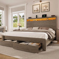 Queen Size Bed Frame with 2 Storage Drawers and Headboard Wooden Platform Bed Frame with LED Lights and Charging, Customized