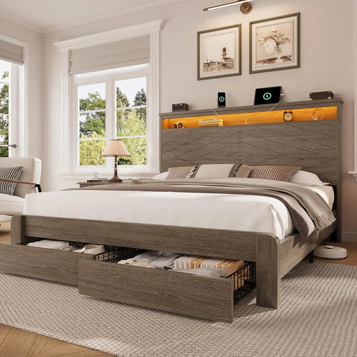 Queen Size Bed Frame with 2 Storage Drawers and Headboard Wooden Platform Bed Frame with LED Lights and Charging, Customized