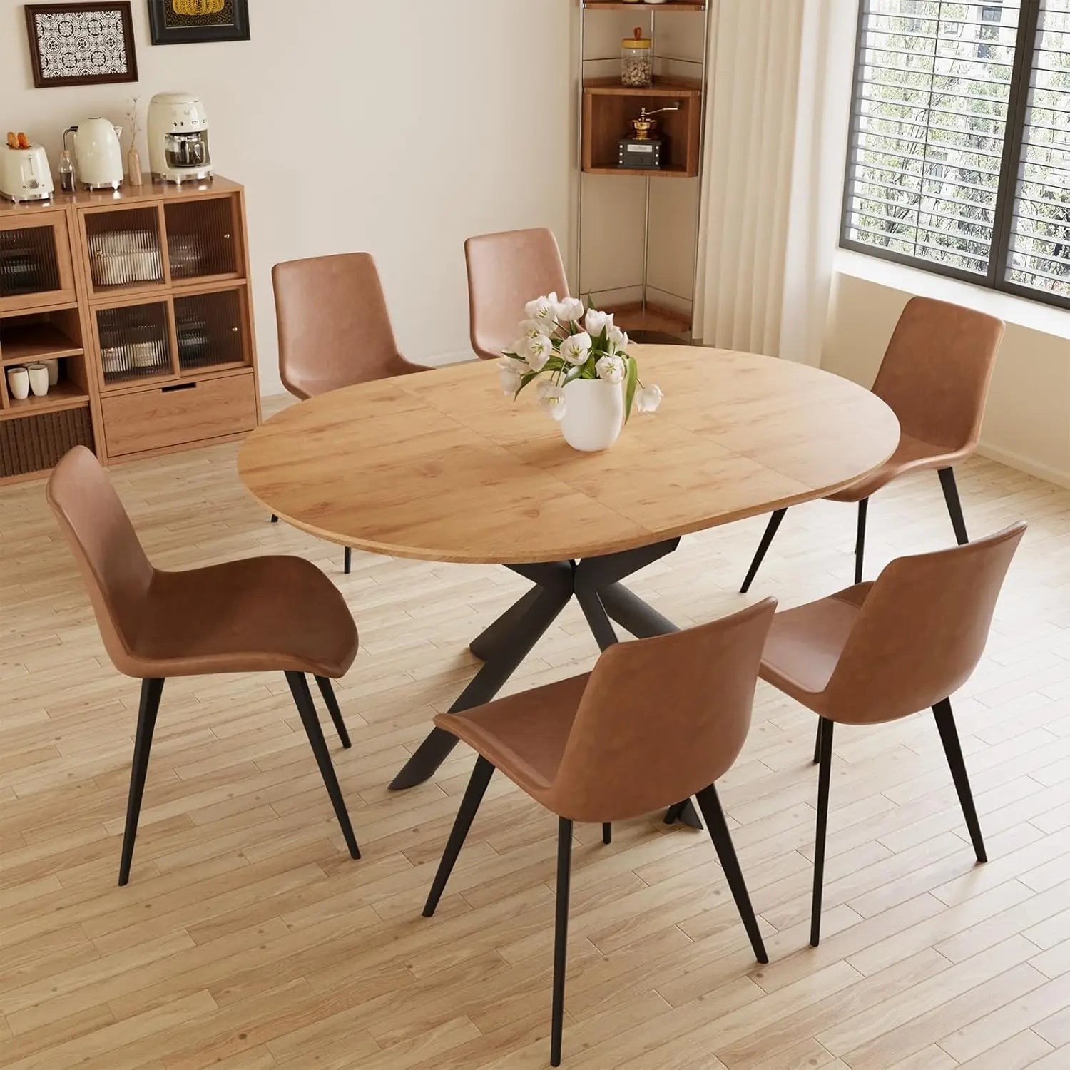 43.2"-59.1" Extendable Round Dining Table Set, Kitchen Table for 4-6 Person with Scratch-Resistant Thickened MDF, Customized