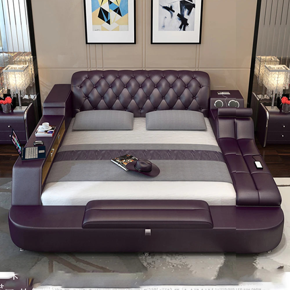 Luxury Multi-Functional Upholstered Platform Bed Frame with Speakers & LED Lights, Modern Tufted Headboard King/Queen Size Bed