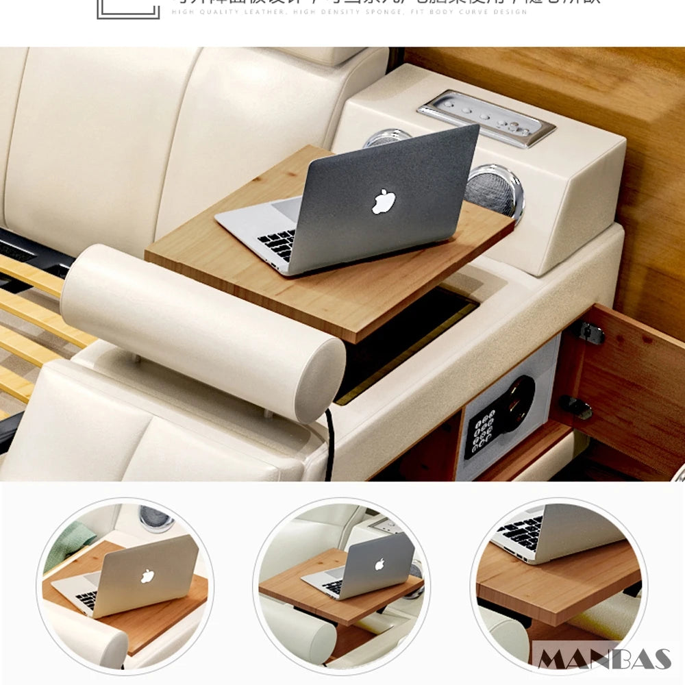 All In One Bed,Luxury Tech Smart Ultimate Bed Frame, Genuine Leather Upholstered Platform Bed with Speaker USB Storage LED Light