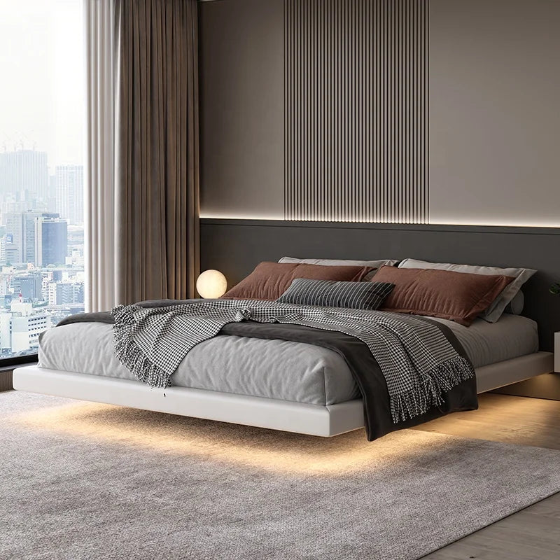 Upholstered  No Headboard Floating Bed  Synthetic Leather Hotel Bed Base Double Bed Frame King Queen Size
