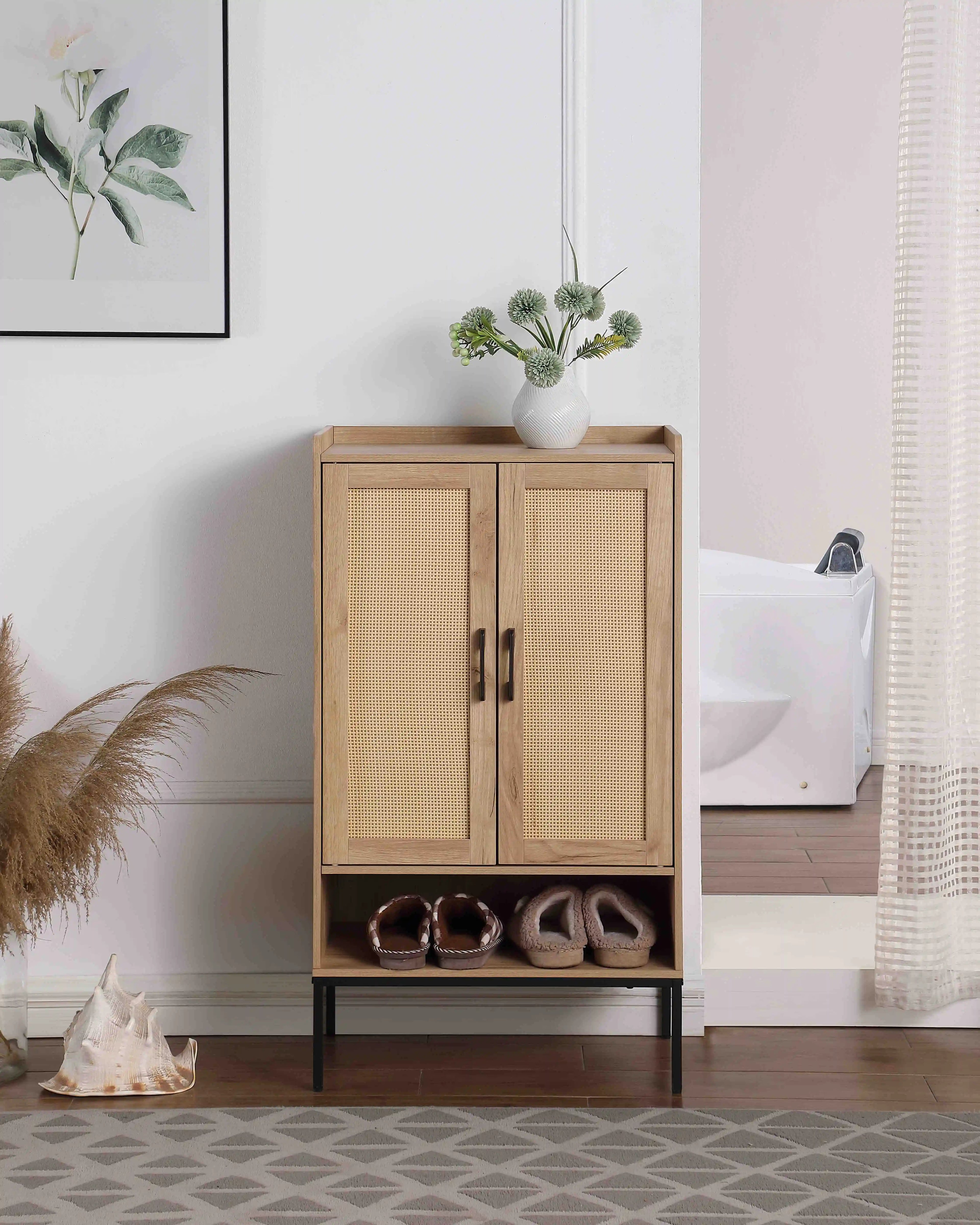 Shoe Cabinet with Rattan Doors, 5-Tier Shoe Storage Cabinet with Open Shelves,Wooden Shoes Rack Organizer