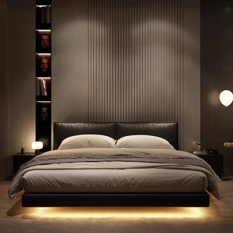 Light Strip Double Bed Soft Backrest Headboard Bed 2 People Bedside Table With Drawers King Size Frame Bedroom Furnitures Home