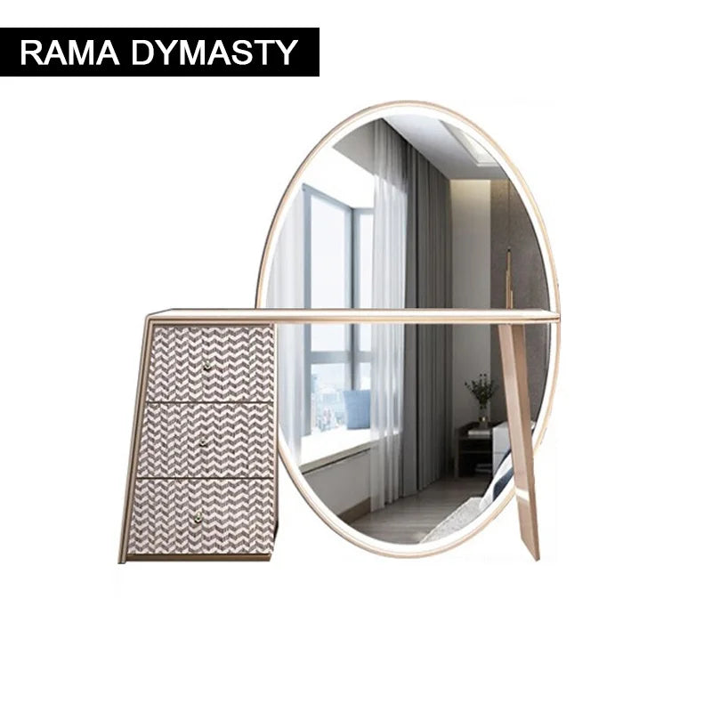 Luxury Beige Makeup Vanity Set with Side Cabinet Dressing Table with Big Mirror & Stool