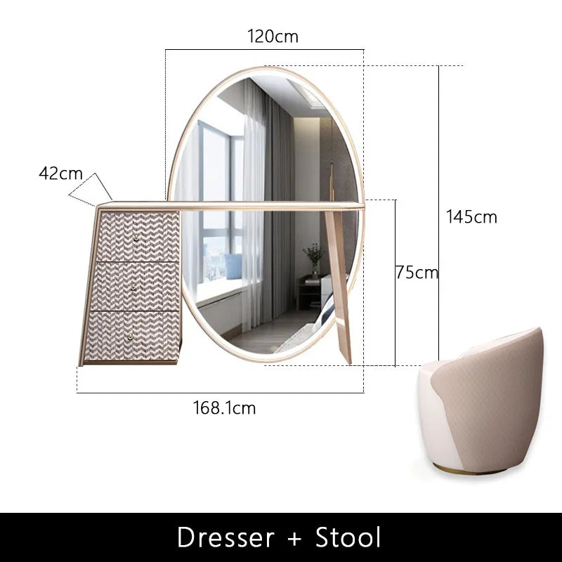 Luxury Beige Makeup Vanity Set with Side Cabinet Dressing Table with Big Mirror & Stool