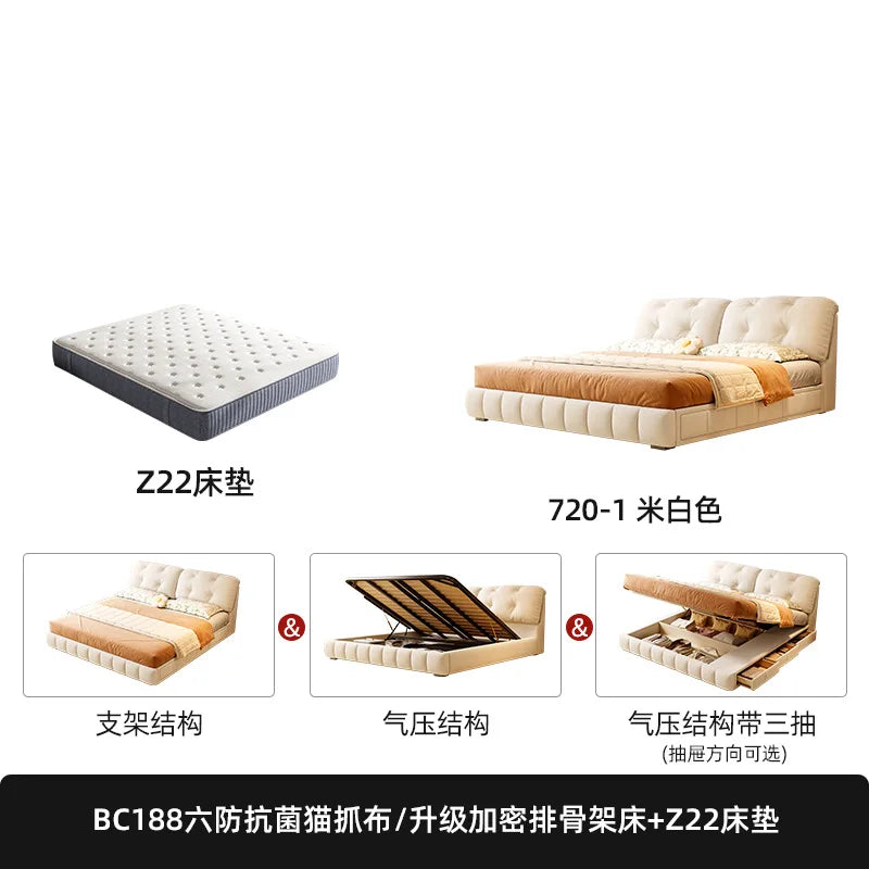 Cream Wind Cloud Fabric Frame Bed Modern Simple Master Bedroom Wedding Bed 1.8m High Box Storage Drawer Bed