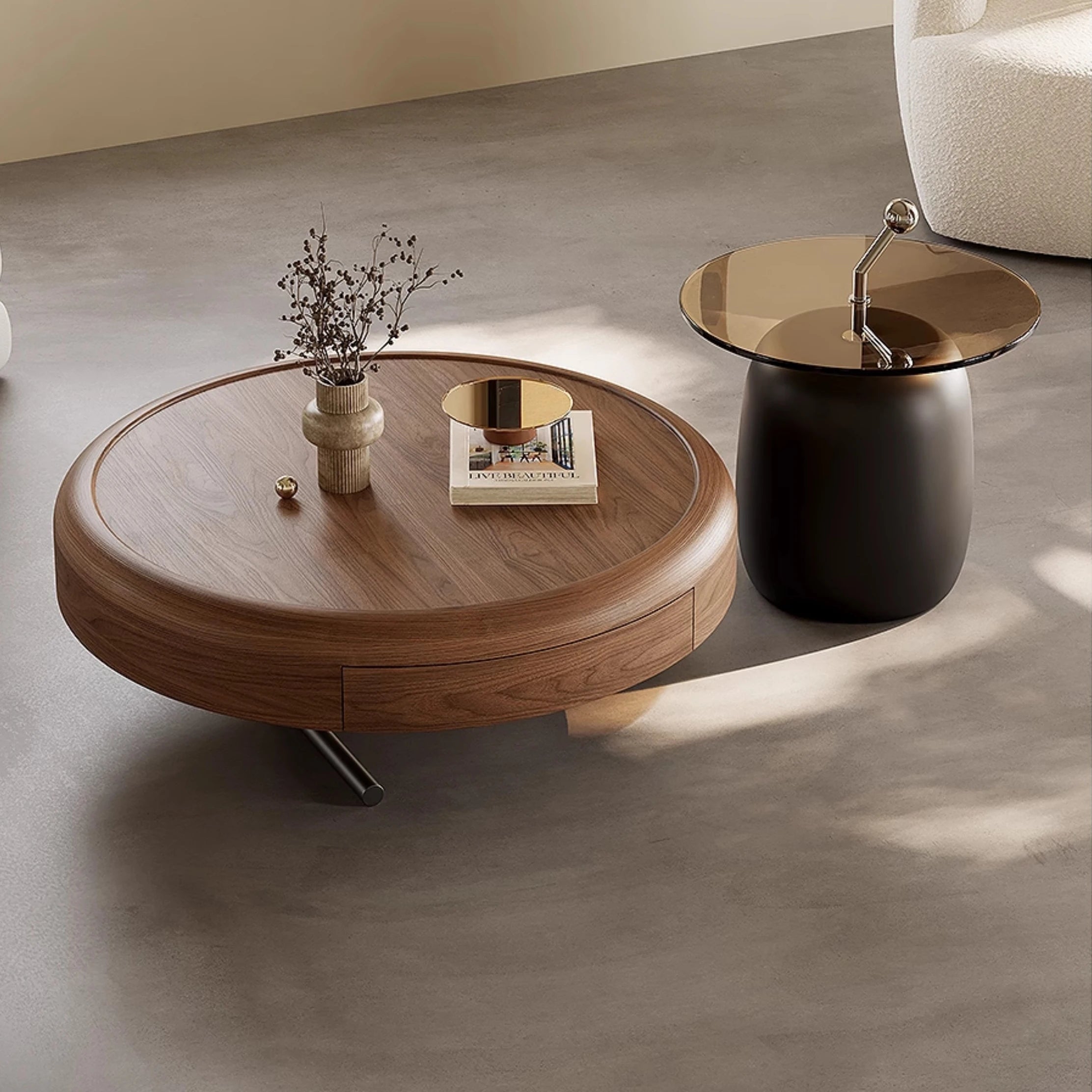Stylish Round Coffee Table with Hidden Storage and Chic Side Table