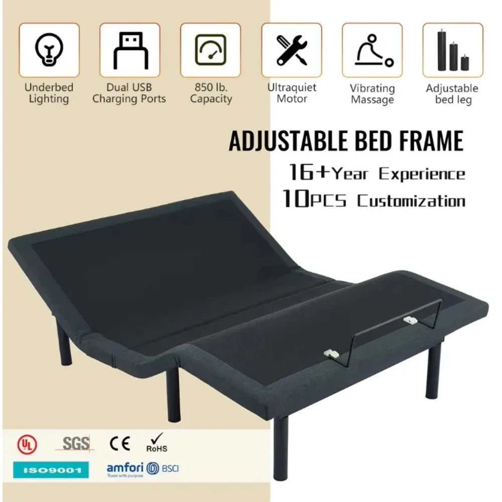 Luxury Adjustable Bed with Memory Foam Mattress Folding Control Frame, Electric Bed Base for Home Hospital Use Zero Gravity