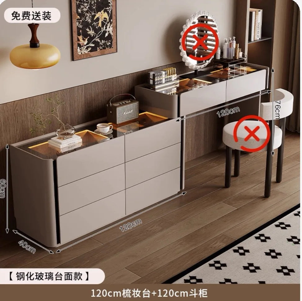 Modern Vanity Desk Dressing Vanity Table with Smart LED Mirror Luxury Makeup Set Includes Expandable Side Cabinet with 6 Drawer