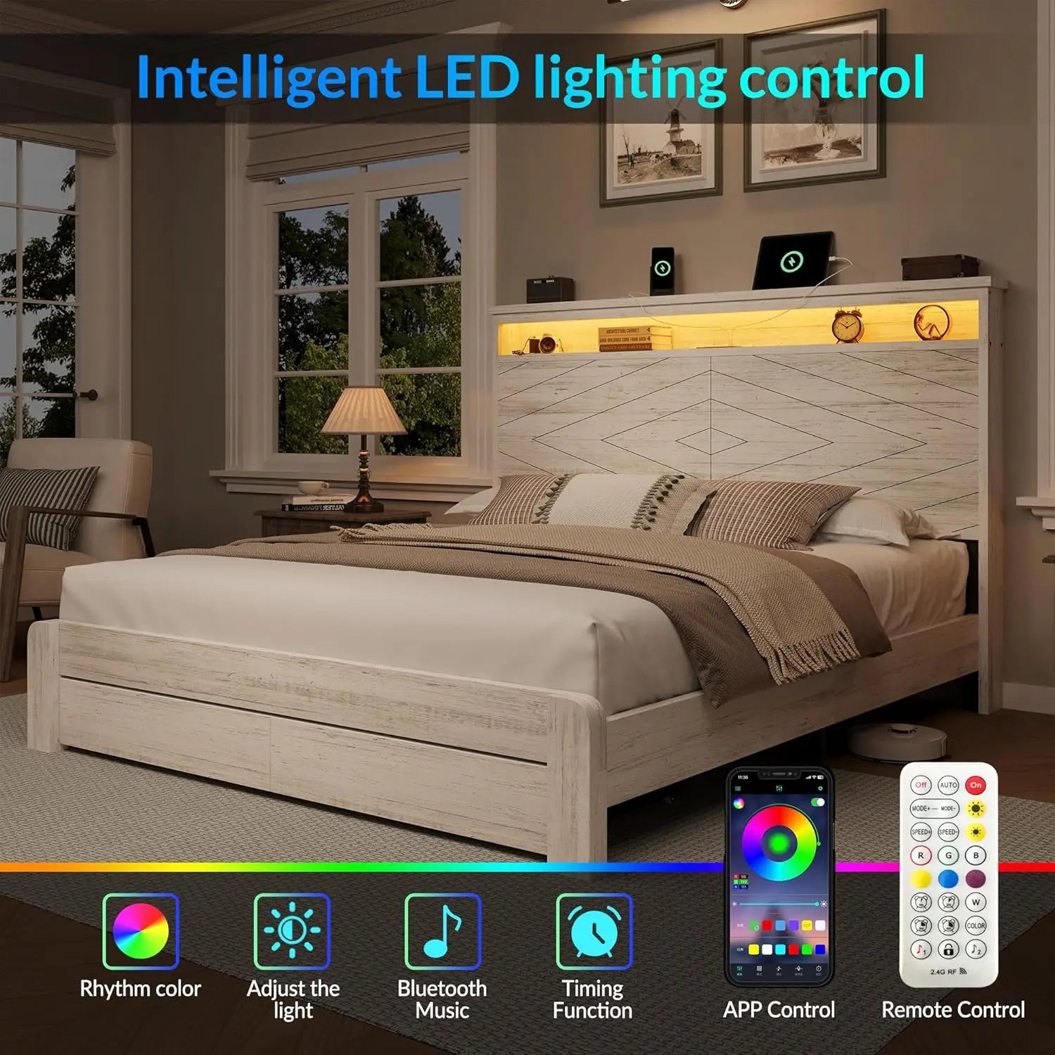 Queen Size Bed Frame with 2 Storage Drawers and Headboard Wooden Platform Bed Frame with LED Lights and Charging, Customized