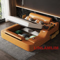 All In One Bed, Luxury Upholstered Platform Bed Frame with Storage, Speaker,LED Light & USB, Genuine Leather Bed King/Queen Size