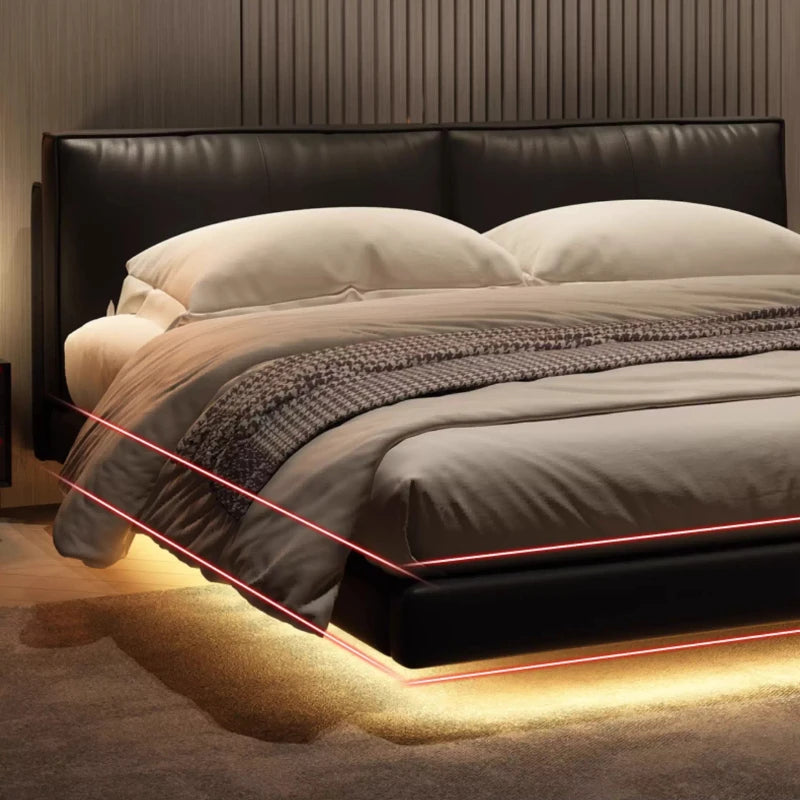 Light Strip Double Bed Soft Backrest Headboard Bed 2 People Bedside Table With Drawers King Size Frame Bedroom Furnitures Home