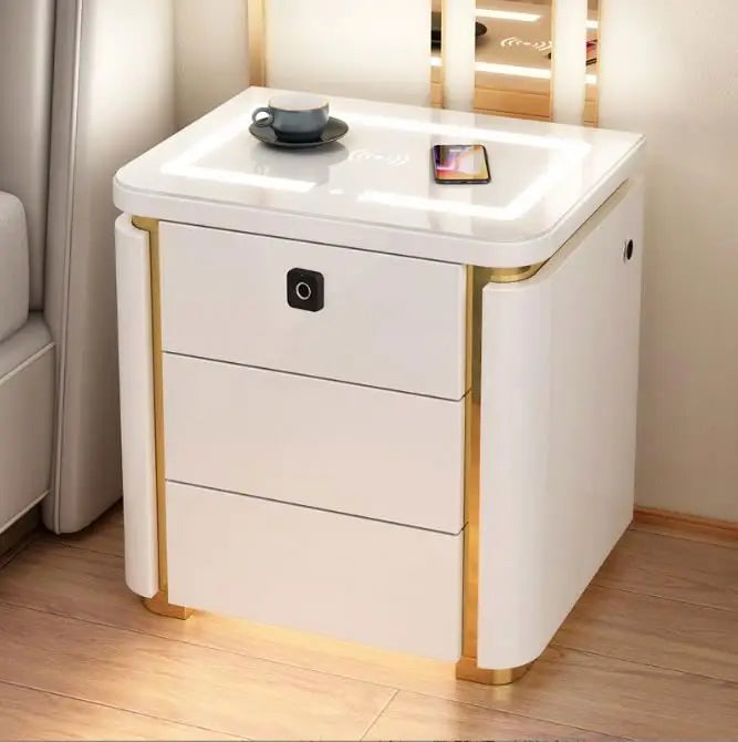 LED Bedside Table With Top Glass Touch Light, Wireless Charging, Usb Port Bedside Cabinet For Bedroom