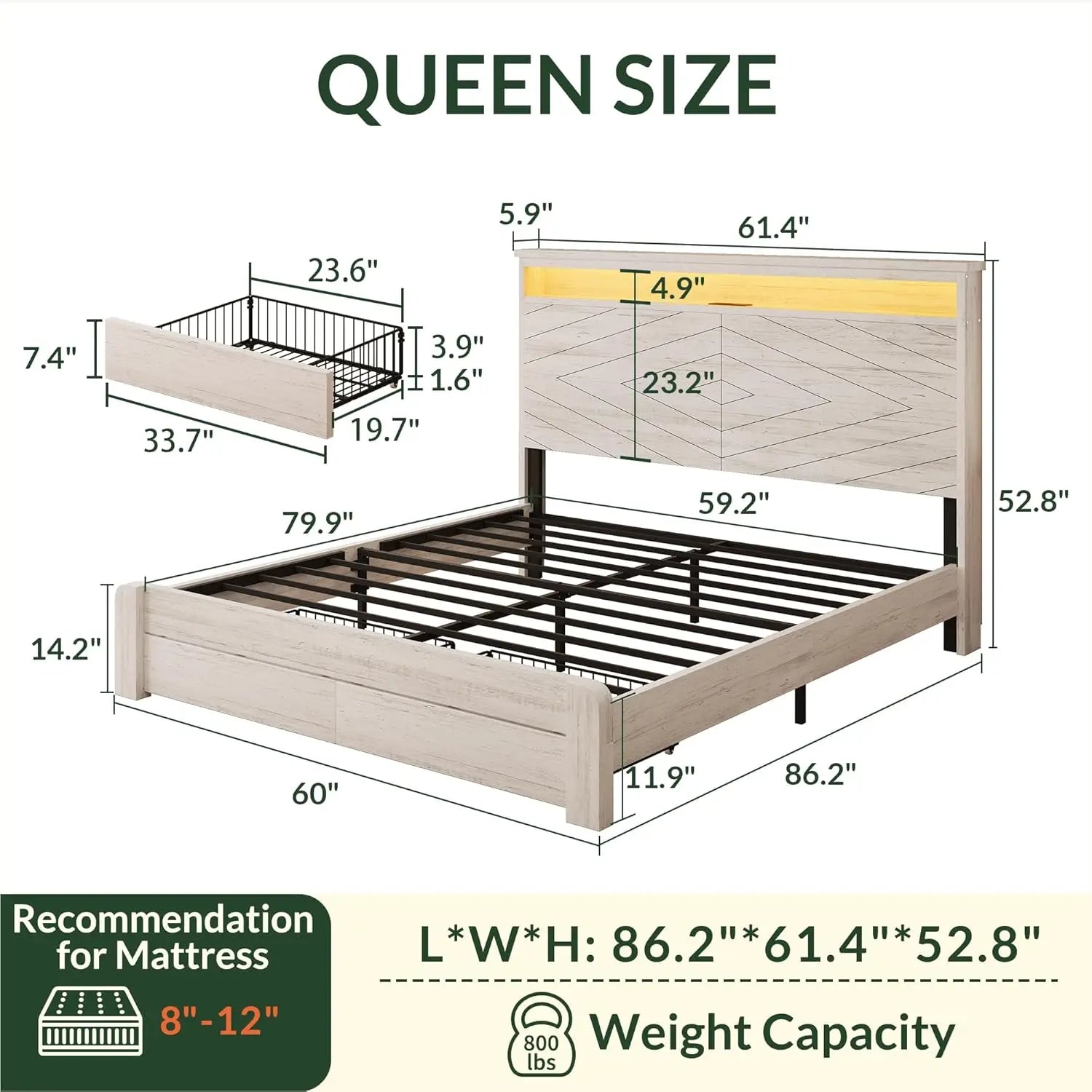 Queen Size Bed Frame with 2 Storage Drawers and Headboard Wooden Platform Bed Frame with LED Lights and Charging, Customized