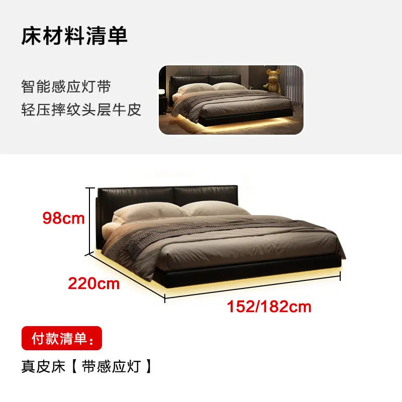 Light Strip Double Bed Soft Backrest Headboard Bed 2 People Bedside Table With Drawers King Size Frame Bedroom Furnitures Home