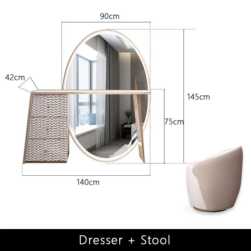Luxury Beige Makeup Vanity Set with Side Cabinet Dressing Table with Big Mirror & Stool