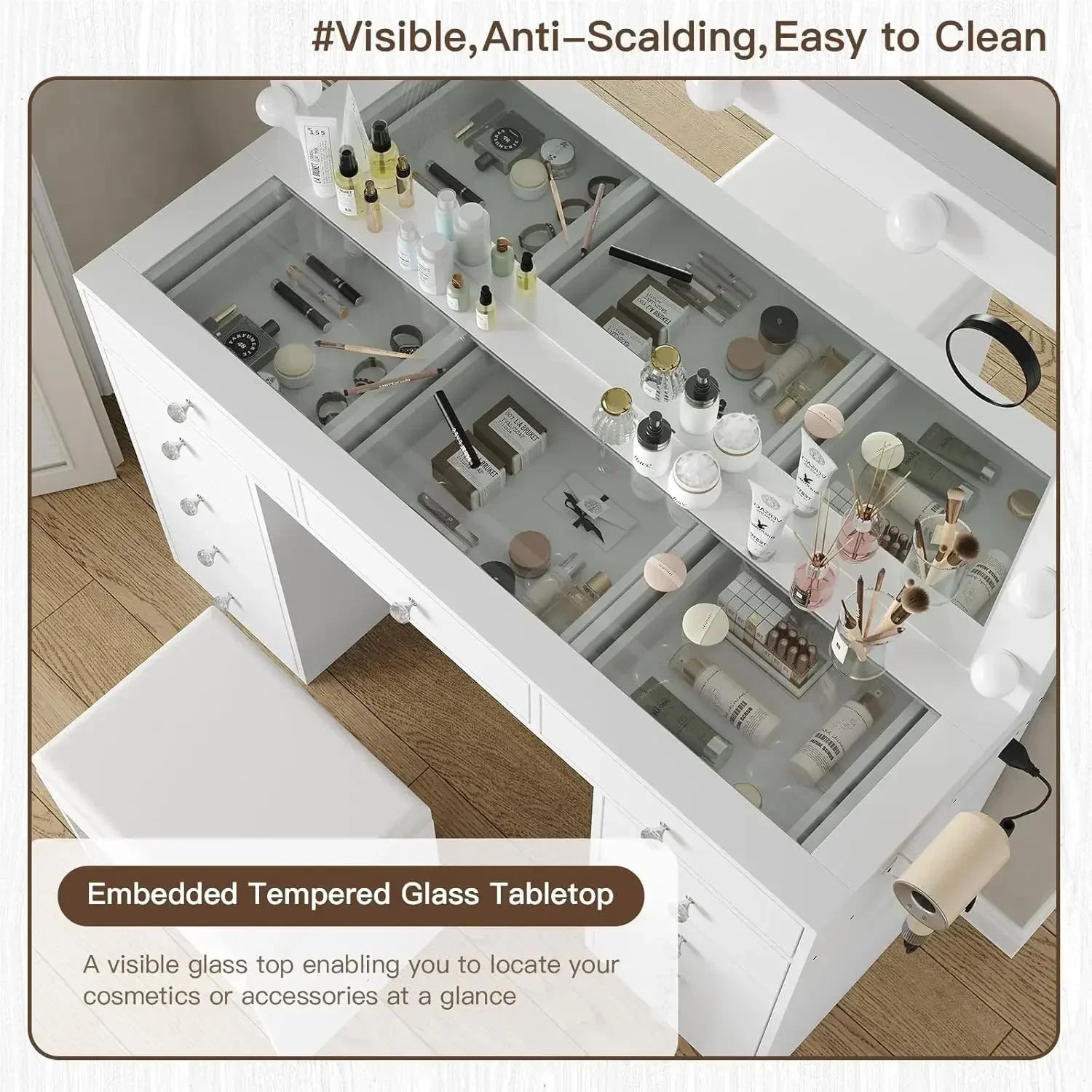 %a Vanity Desk & Power Outl, Makeup Vanity with Mirror and 12 LED Lights, Makeup Table with 11 Drawers, Vanity Table with Chai