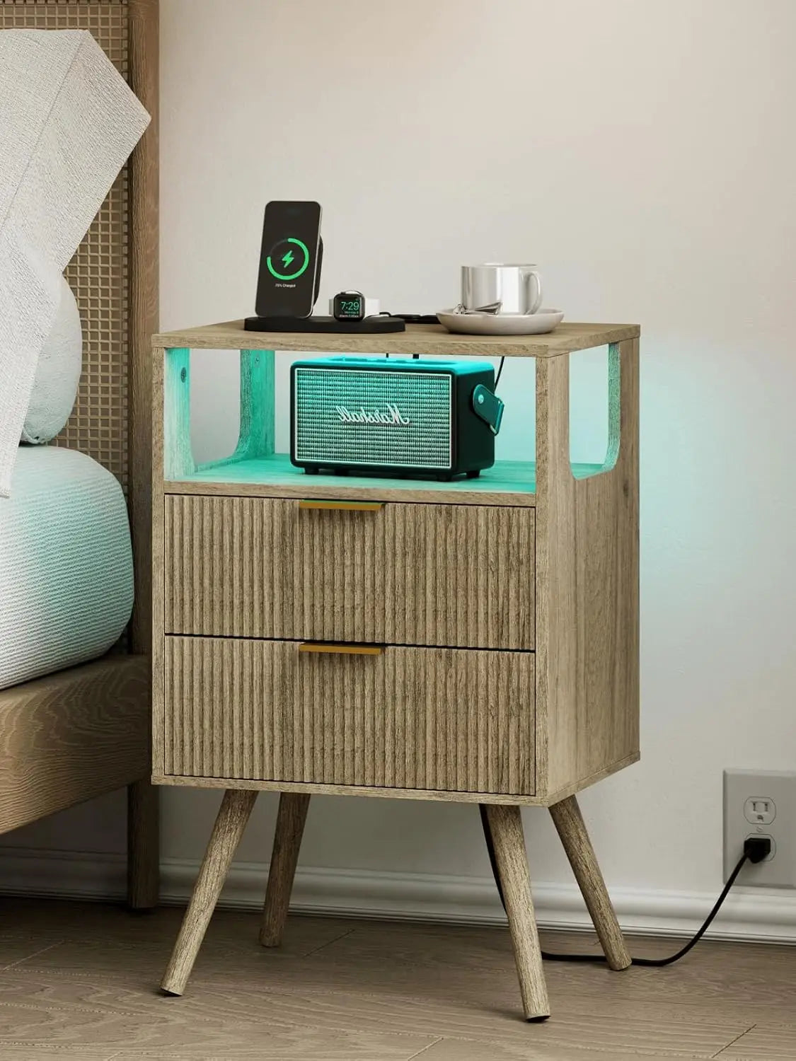 Nightstand Modern 2 Storage Drawer and Open Wood Shelf for Bedroom Spaces Night Stand with Solid Wood Legs Grey Oak-Outlet