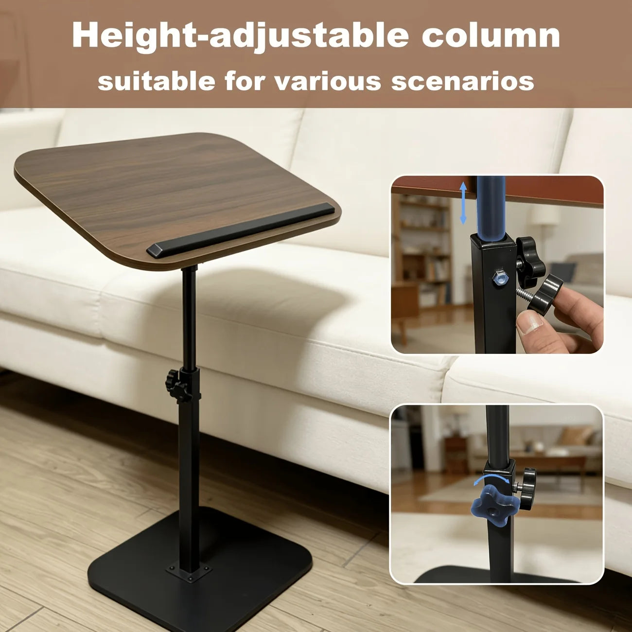 Adjustable Height Computer Workstation Side Table - Fashionable Metal Frame with Wooden Top, Suitable for Living Room, Bedside