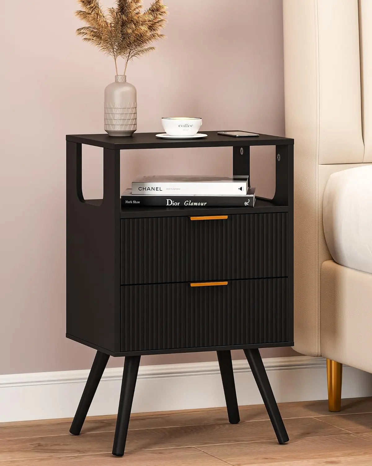 Nightstand Modern 2 Storage Drawer and Open Wood Shelf for Bedroom Spaces Night Stand with Solid Wood Legs Grey Oak-Outlet
