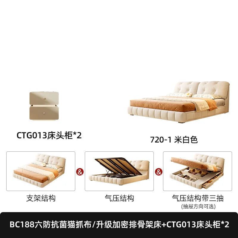 Cream Wind Cloud Fabric Frame Bed Modern Simple Master Bedroom Wedding Bed 1.8m High Box Storage Drawer Bed