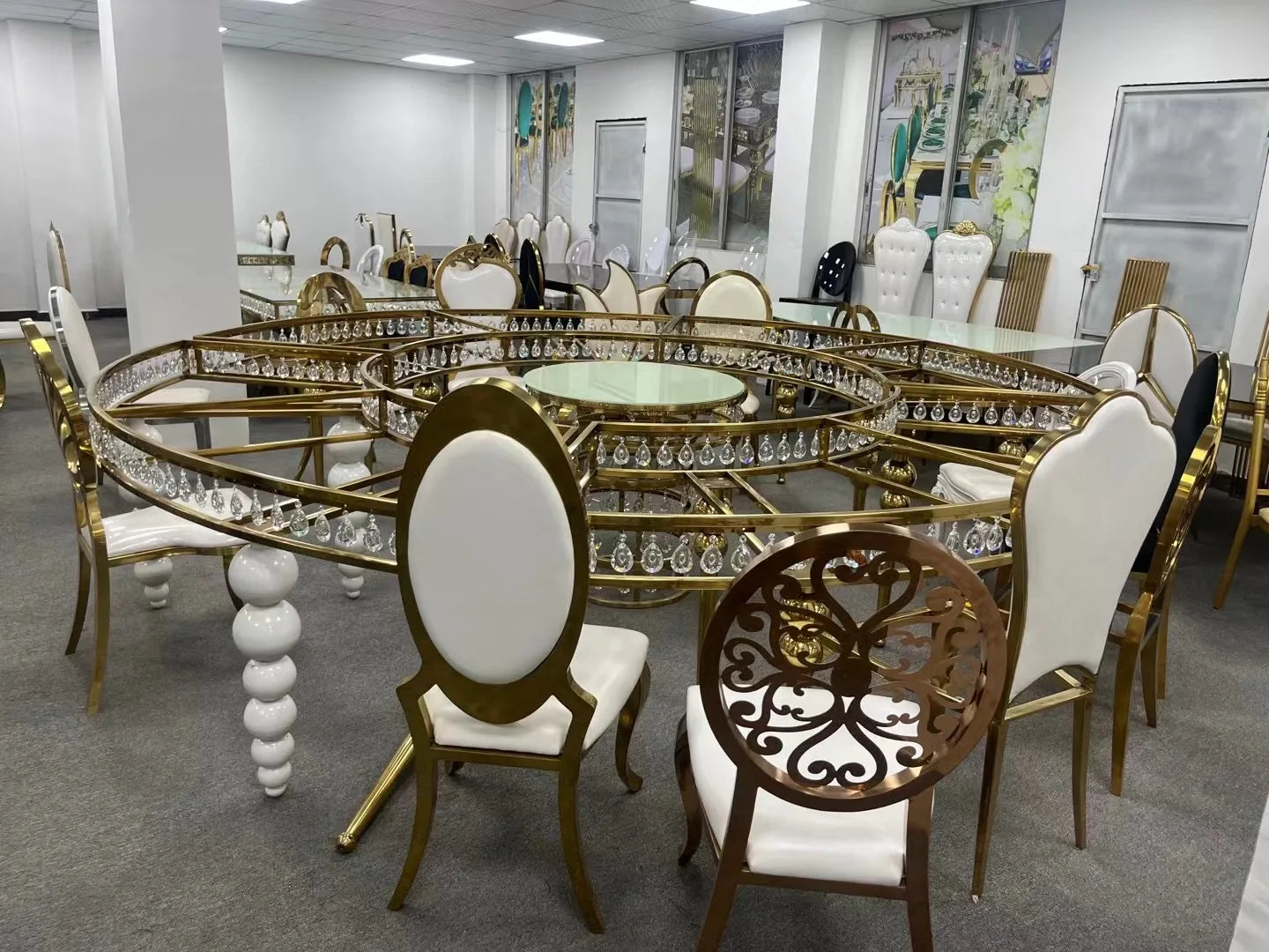 Latest serpentine dinner table set dining room furniture half moon wedding table