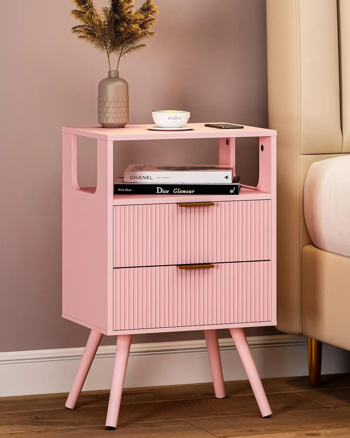 Nightstand Modern 2 Storage Drawer and Open Wood Shelf for Bedroom Spaces Night Stand with Solid Wood Legs Grey Oak-Outlet