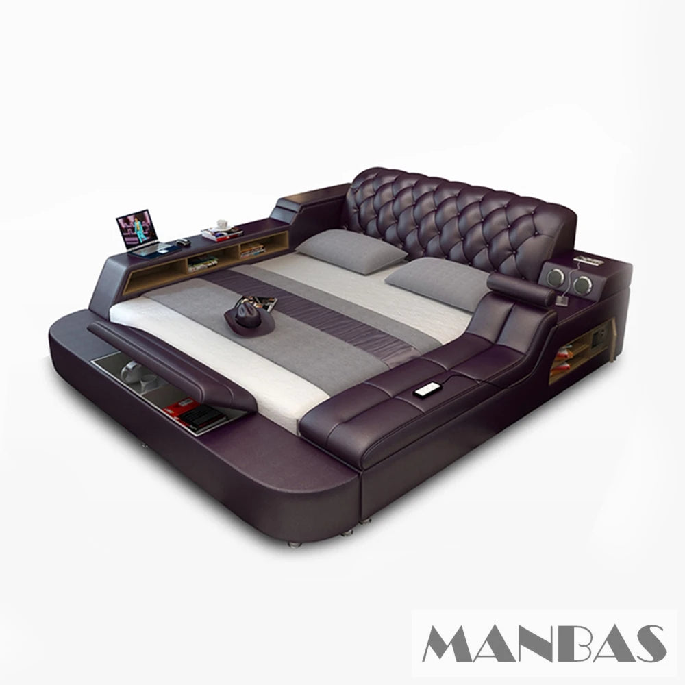 Luxury Multi-Functional Upholstered Platform Bed Frame with Speakers & LED Lights, Modern Tufted Headboard King/Queen Size Bed