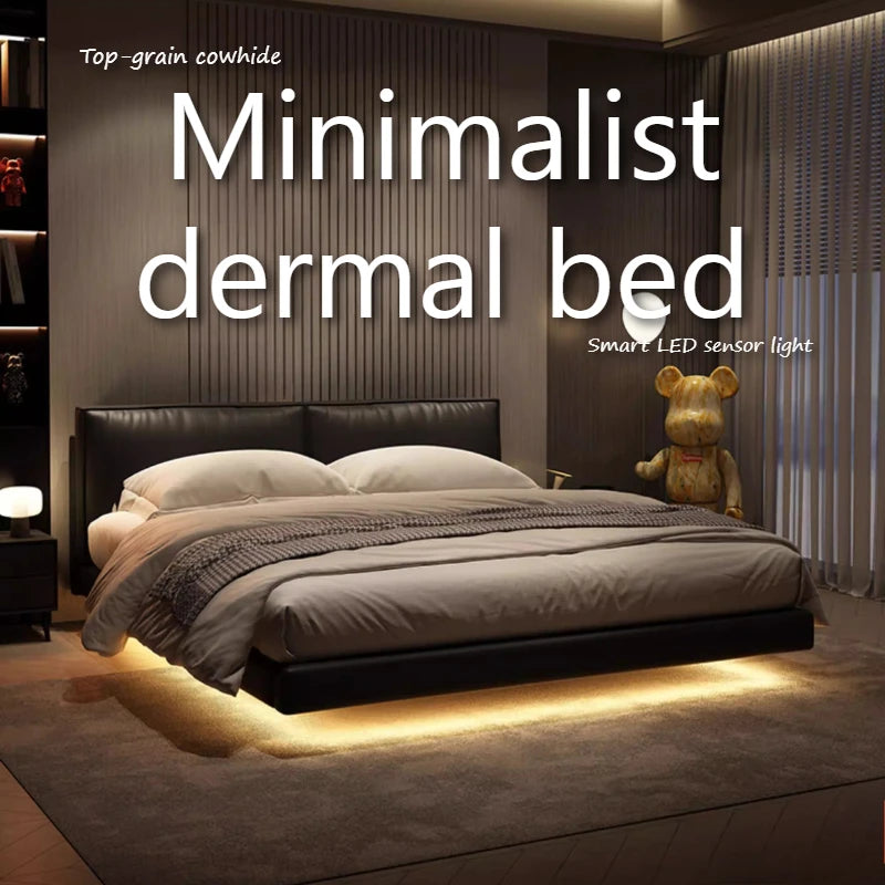 Light Strip Double Bed Soft Backrest Headboard Bed 2 People Bedside Table With Drawers King Size Frame Bedroom Furnitures Home