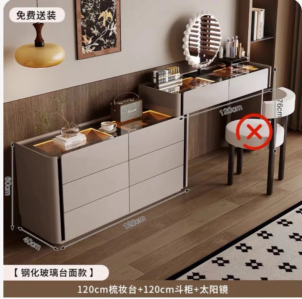Modern Vanity Desk Dressing Vanity Table with Smart LED Mirror Luxury Makeup Set Includes Expandable Side Cabinet with 6 Drawer