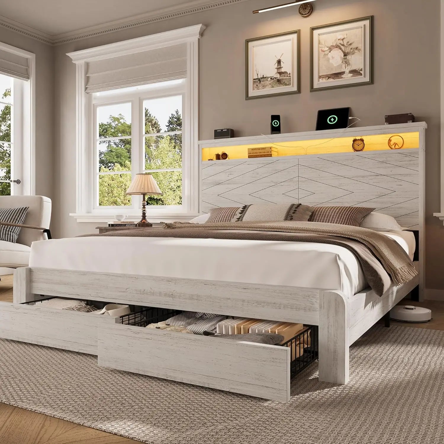 Queen Size Bed Frame with 2 Storage Drawers and Headboard Wooden Platform Bed Frame with LED Lights and Charging, Customized