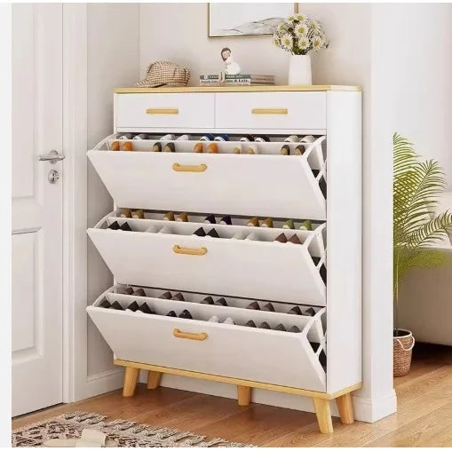 Customizable modern wooden shoe cabinet with a rotating design that provides shoe storage space.