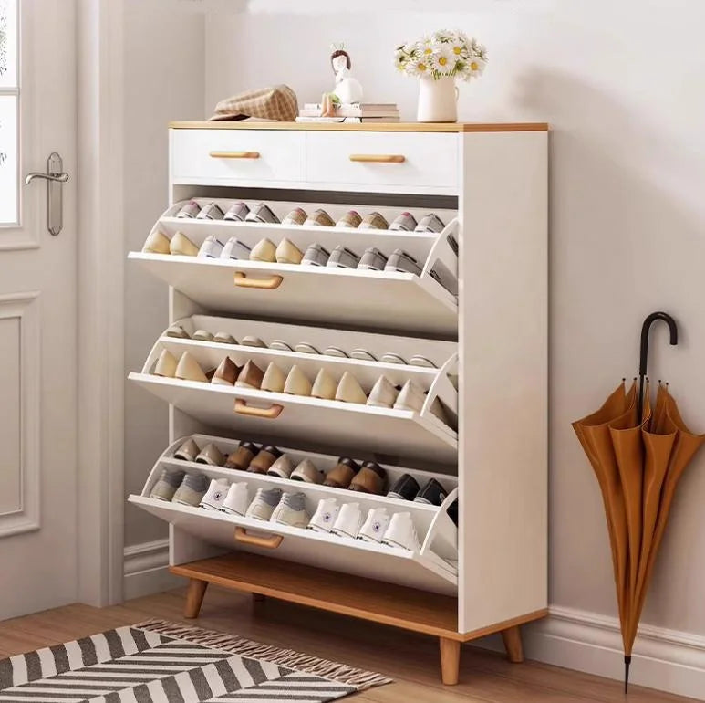 Customizable modern wooden shoe cabinet with a rotating design that provides shoe storage space.