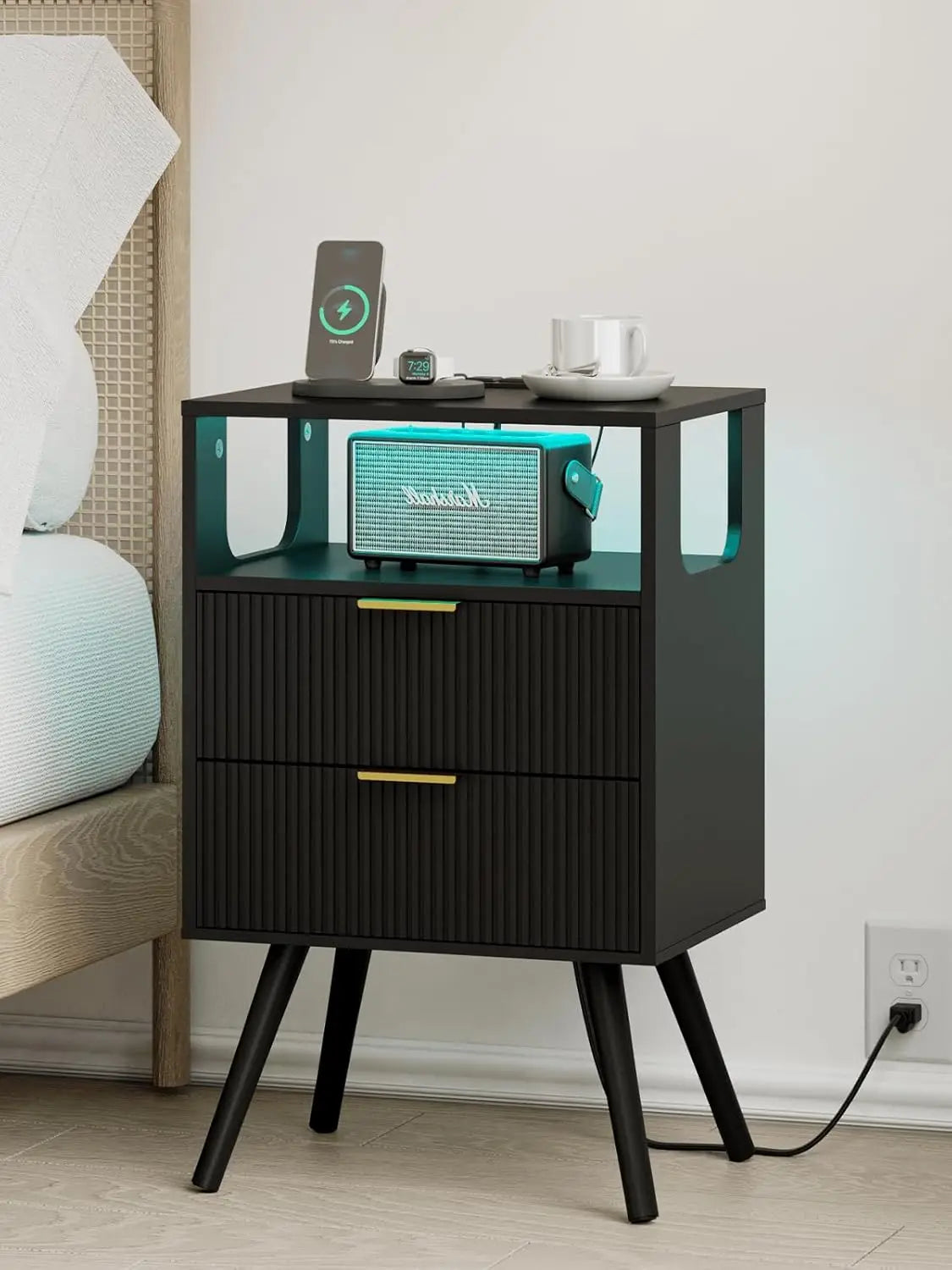 Nightstand Modern 2 Storage Drawer and Open Wood Shelf for Bedroom Spaces Night Stand with Solid Wood Legs Grey Oak-Outlet
