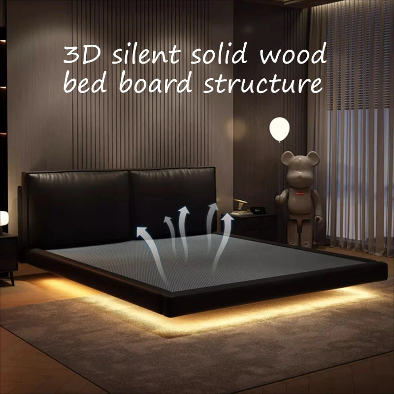 Light Strip Double Bed Soft Backrest Headboard Bed 2 People Bedside Table With Drawers King Size Frame Bedroom Furnitures Home