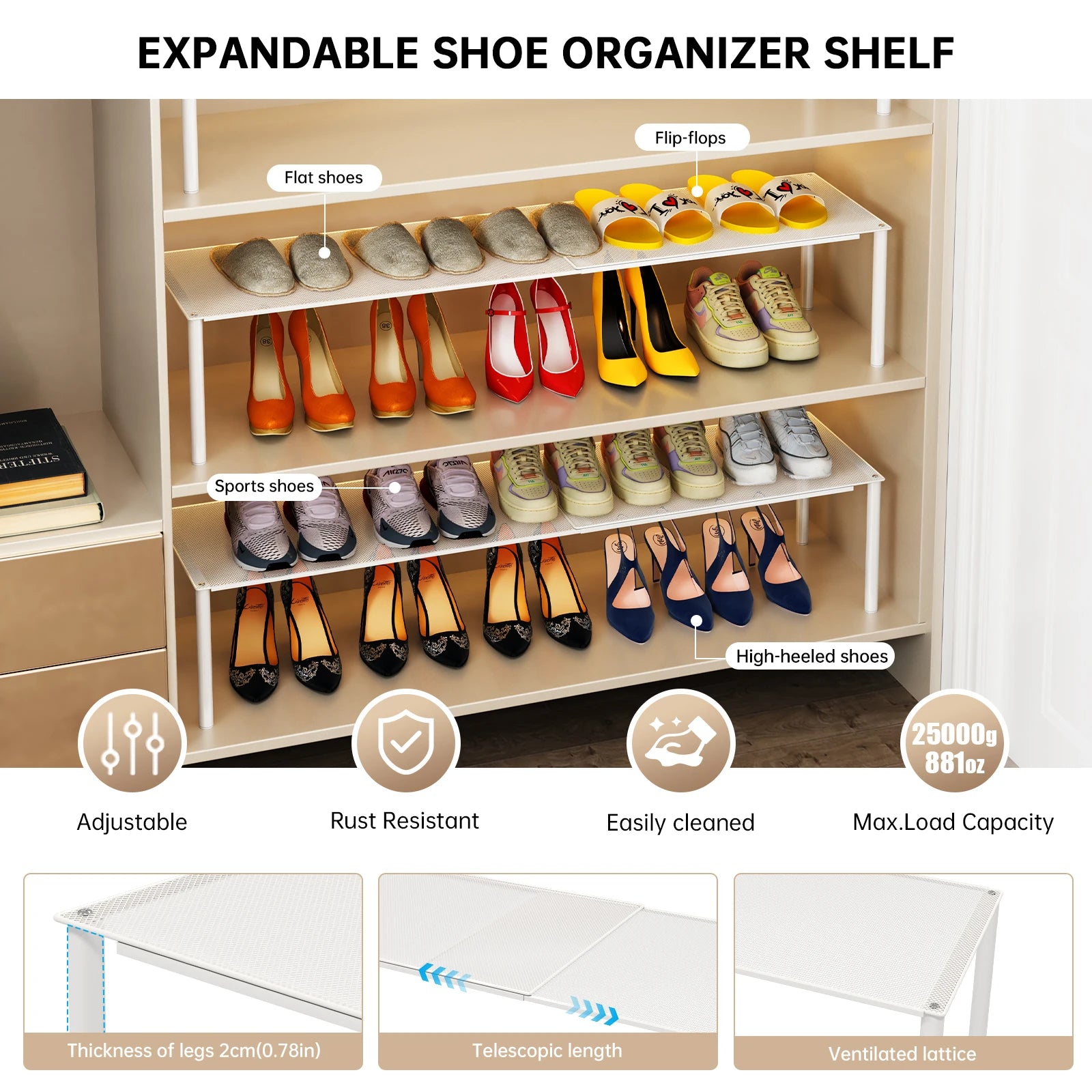 Shoe Cabinet Storage Organizer, Space-Saving Shoe Rack, Shoe Holder, Adjustable and Extendable Double-Layer Shoe Divider Inside the Cabinet