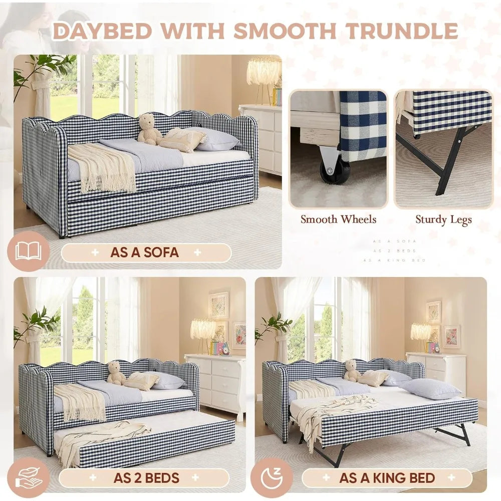 Twin to King Size Linen Gingham Daybed with Pop Up Trundle USB Ports Upholstered Sofa Bed Frame for Living Room Bedroom Guest