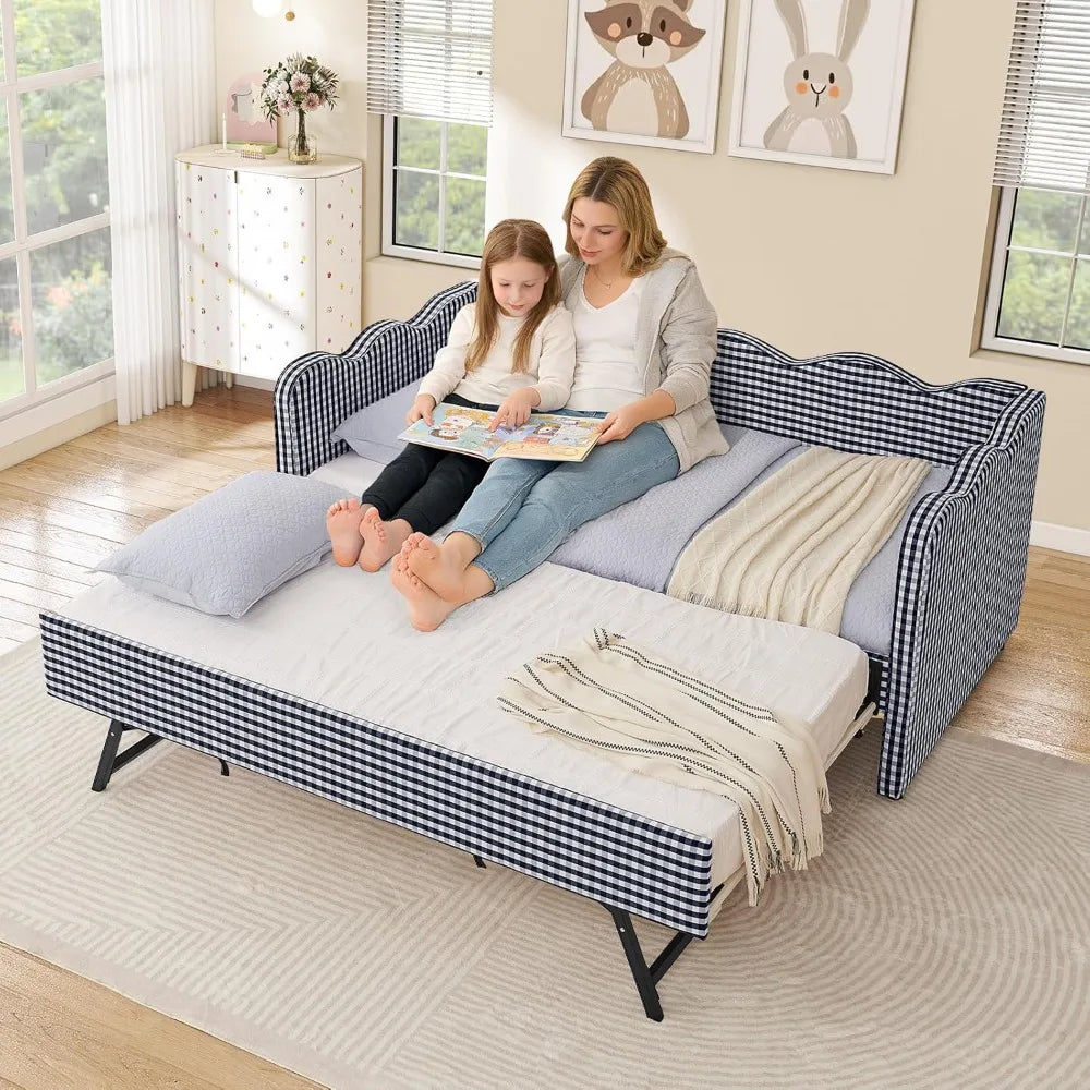 Twin to King Size Linen Gingham Daybed with Pop Up Trundle USB Ports Upholstered Sofa Bed Frame for Living Room Bedroom Guest
