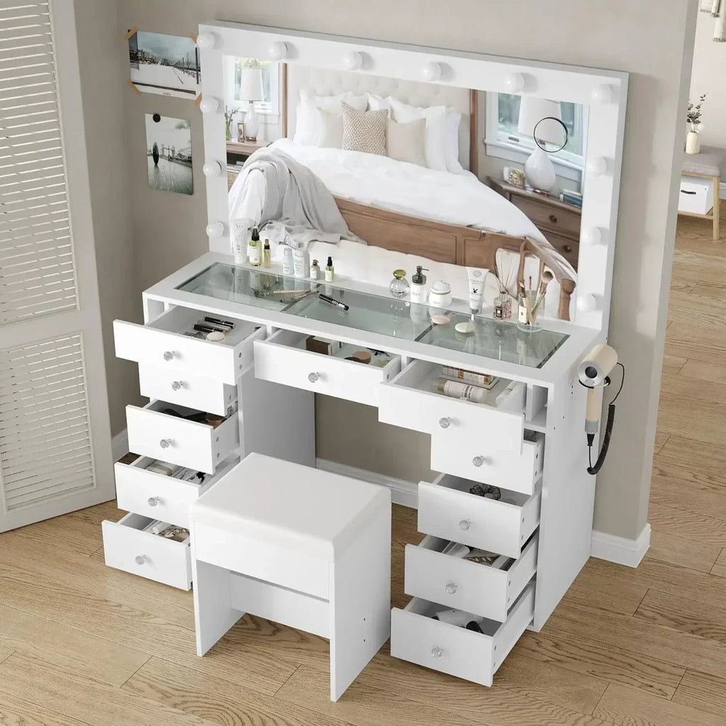 %a Vanity Desk & Power Outl, Makeup Vanity with Mirror and 12 LED Lights, Makeup Table with 11 Drawers, Vanity Table with Chai