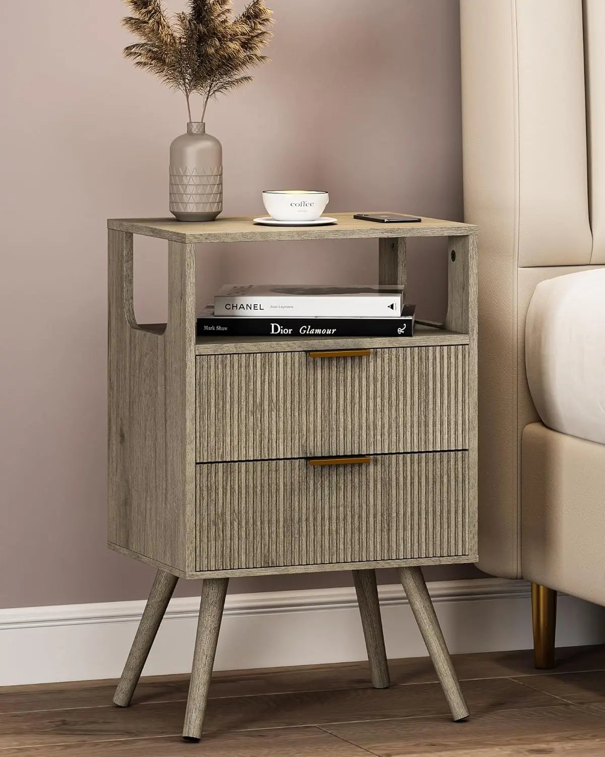Nightstand Modern 2 Storage Drawer and Open Wood Shelf for Bedroom Spaces Night Stand with Solid Wood Legs Grey Oak-Outlet