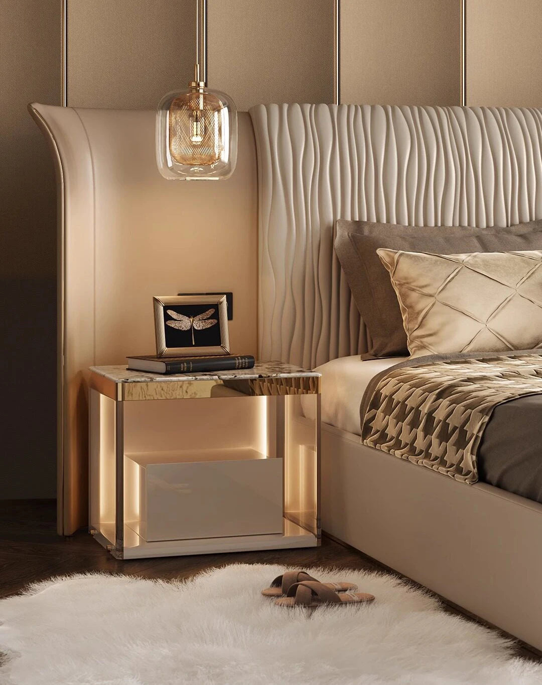 #Luxury Italian Wingback Bed King/Queen Size, Gold Trim Wave Headboard Leather Upholstered Bed