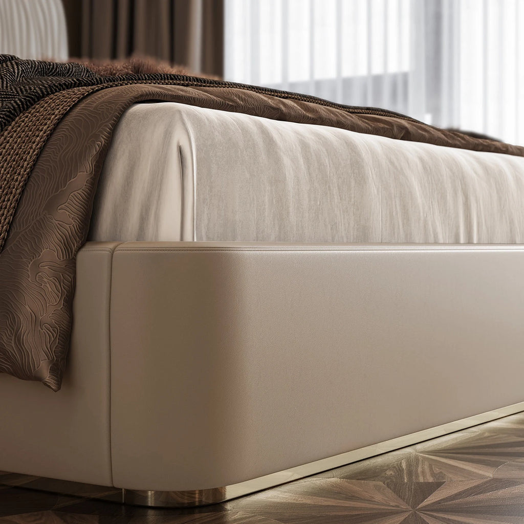 #Luxury Italian Wingback Bed King/Queen Size, Gold Trim Wave Headboard Leather Upholstered Bed