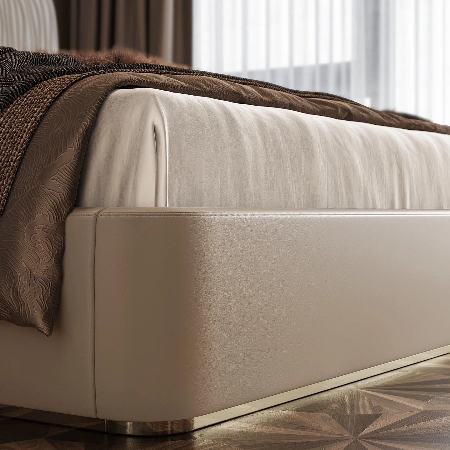 #Luxury Italian Wingback Bed King/Queen Size, Gold Trim Wave Headboard Leather Upholstered Bed
