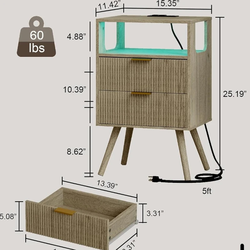 Nightstand Modern 2 Storage Drawer and Open Wood Shelf for Bedroom Spaces Night Stand with Solid Wood Legs Grey Oak-Outlet