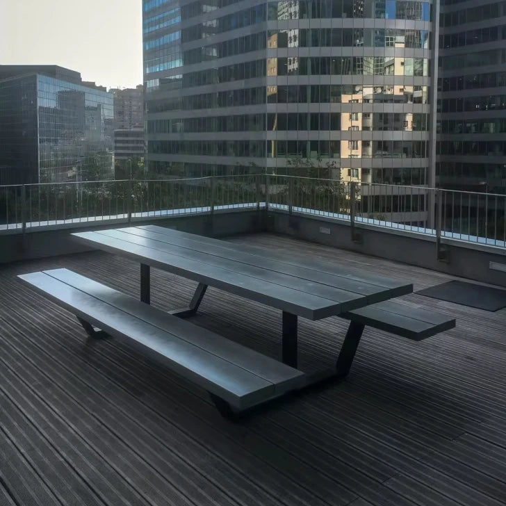 Table Benches Set Garden Dining Set Restaurant Outside Furniture Patio Park Picnic Table Bench Wood and Steel Factory Outdoor