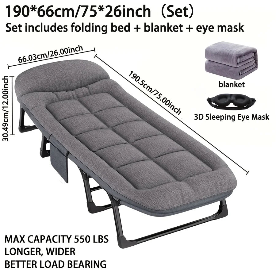 Heavy-Duty Adjustable Portable Folding Bed, Pillow & Blanket - 550 lbs Weight Capacity, Foldable Single Bed Frame