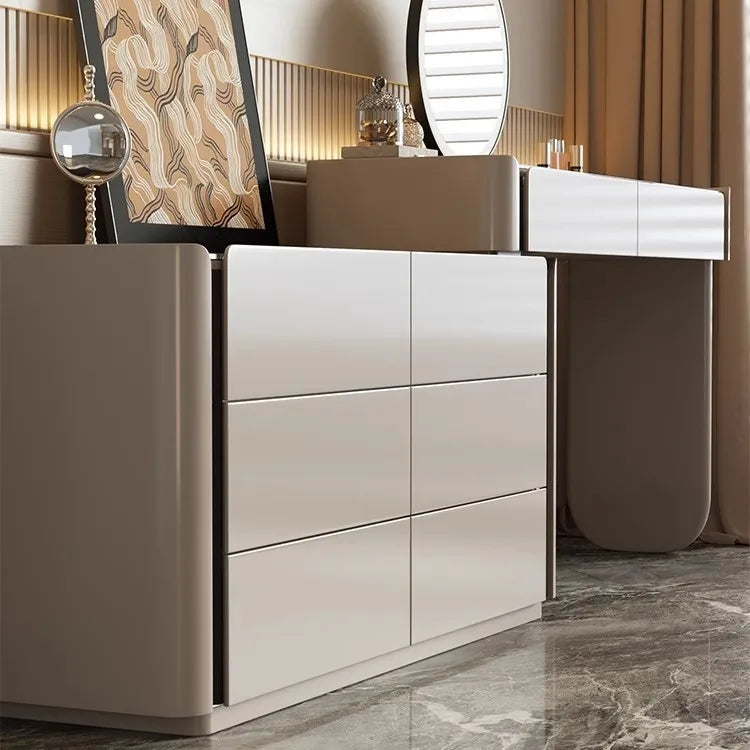 Modern Vanity Desk Dressing Vanity Table with Smart LED Mirror Luxury Makeup Set Includes Expandable Side Cabinet with 6 Drawer